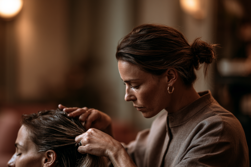 femme coiffeuse qui fait un diagnostic capillaire à une cliente