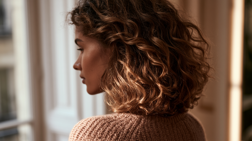 Balayage sur cheveux bouclés : comment illuminer les boucles ? Balayage miel lumineux sur des cheveux bruns naturellement bouclés.
