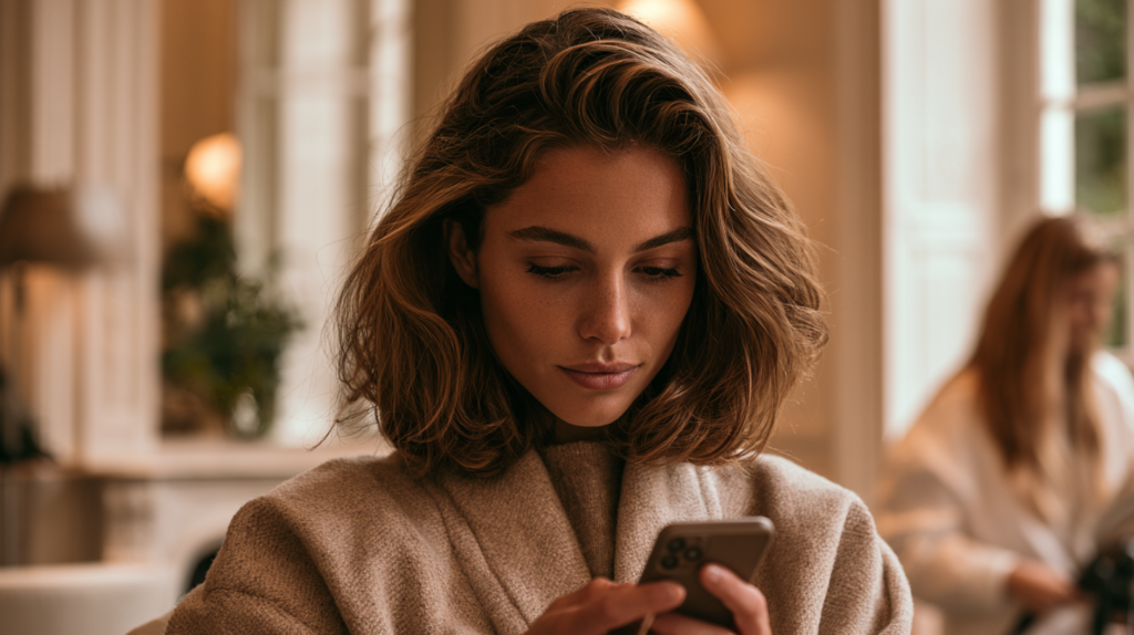 Comment bien préparer son rendez-vous chez le coiffeur ? Cliente préparant son rendez-vous chez le coiffeur avec des photos d’inspiration.