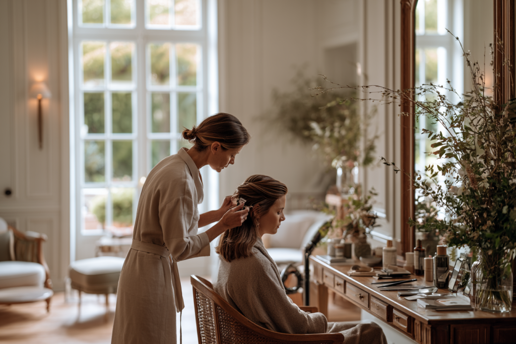 Coiffeuse finalisant la coiffure d’une cliente dans un salon accueillant.