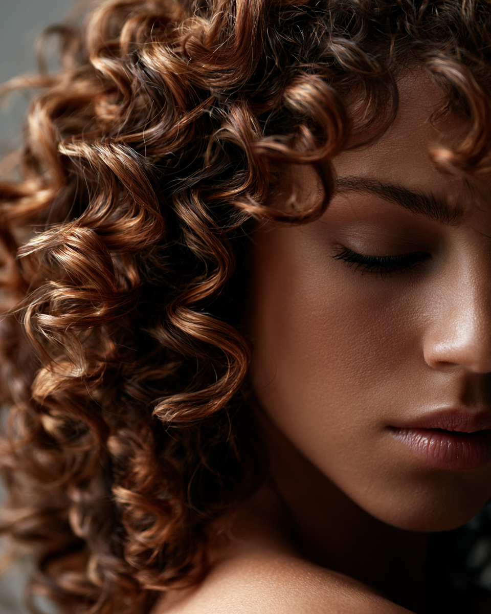 Zones de lumière caramel et miel réparties sur des cheveux bouclés.
