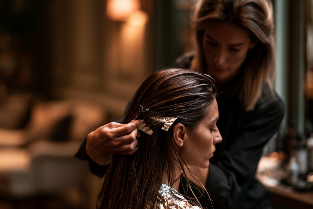 une coiffeuse en train de poser la patine sur une femme brune