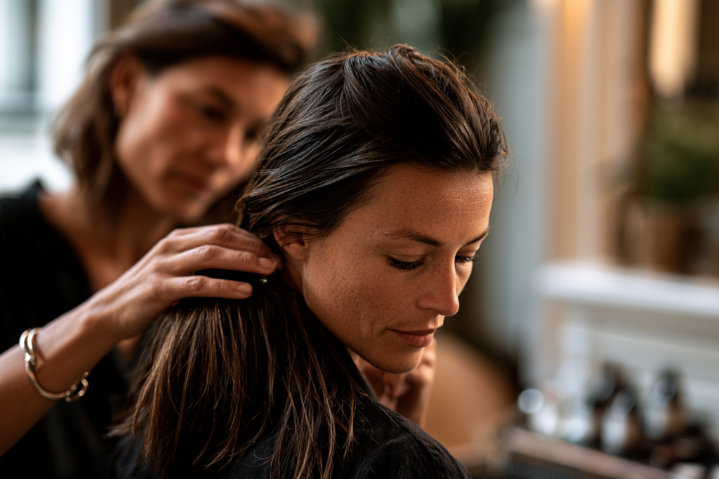 Diagnostic capillaire réalisé avant une prestation de coiffure personnalisée.