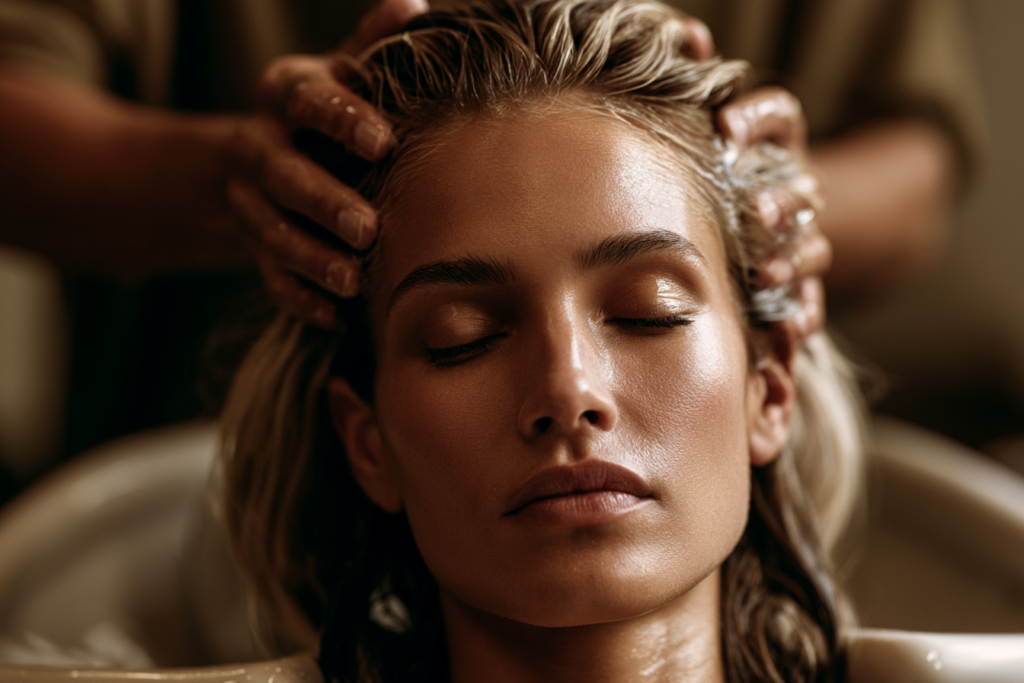 Application d’un soin ou d’une patine sur des cheveux avec balayage en salon.
