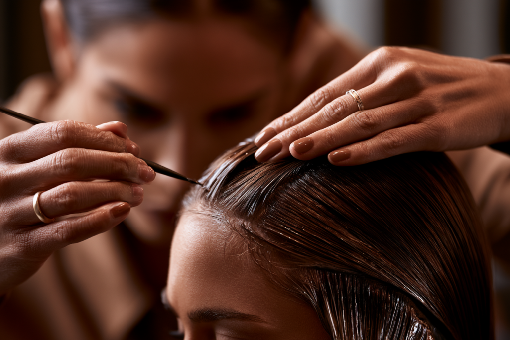 coiffeuse en train de faire une balayage sur les cheveux d