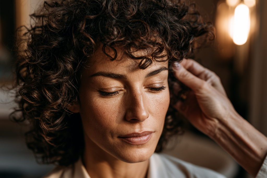 Diagnostic capillaire réalisé avant un balayage sur des cheveux bouclés naturels.